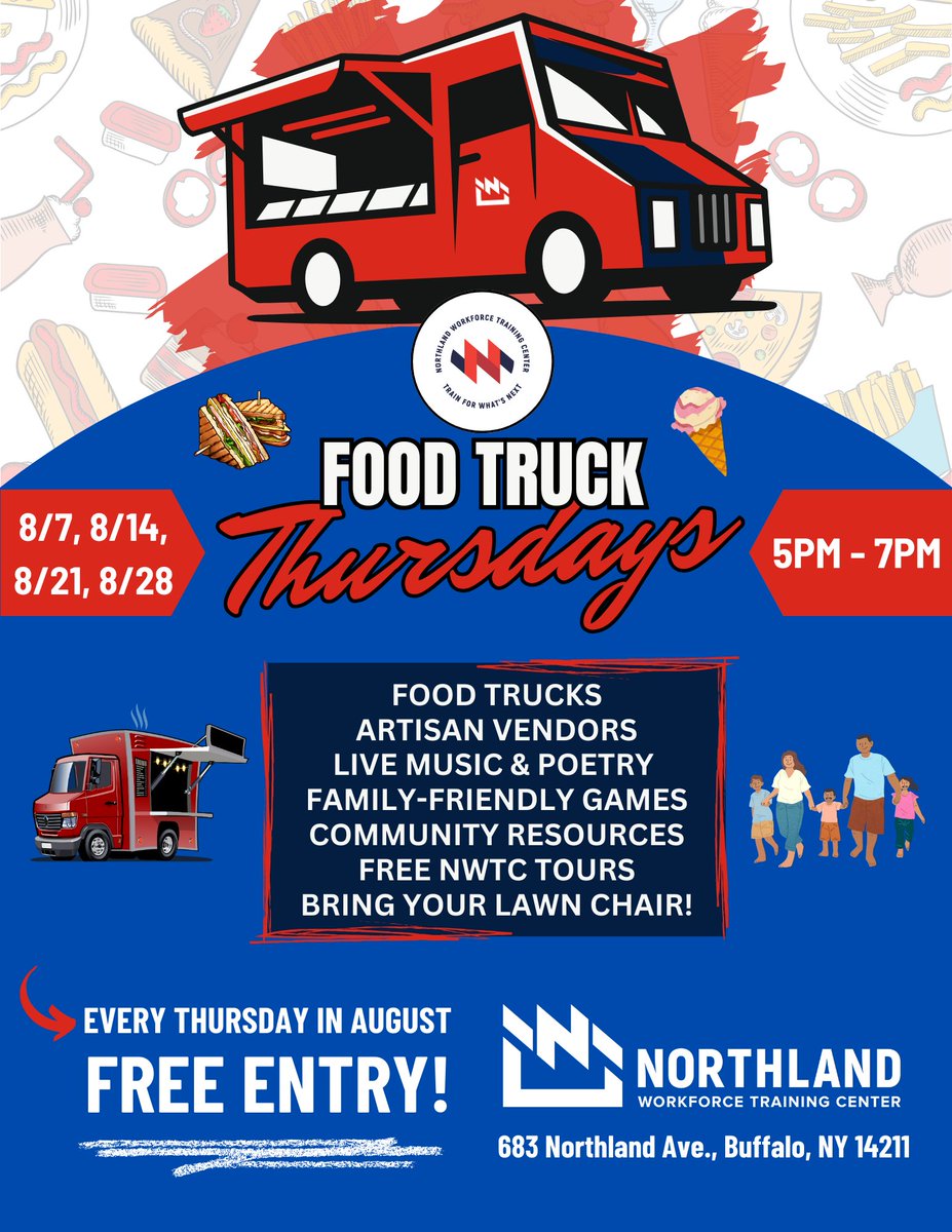 We're excited to announce that Food Truck Thursdays are back this Summer at Northland Workforce Training Center! Join us every Thursday in August from 5 PM - 7 PM for food trucks, artisan vendors, family-friendly games, free tours of our campus, and more!