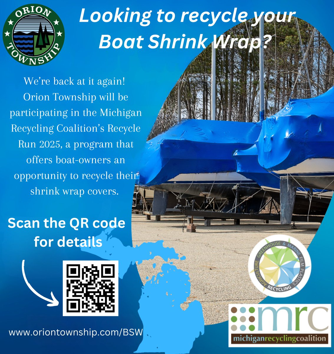 Join Orion Twp. in protecting our waterways! Recycle your boat shrink wrap with Michigan Recycling Coalition's Recycle Run 2025 program. Free bags at Township Hall, Friendship Park drop-off May 1-11.