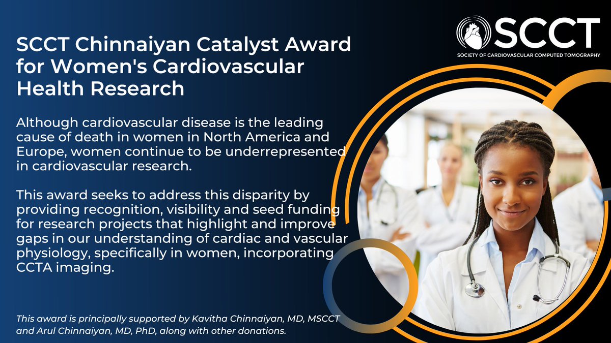 SCCT Clinical Trials &amp; Registries Award for support of CCTA-based analyses: scct.org/page/ClinicalT…

SCCT Chinnaiyan Catalyst Award highlights research on women's cardiac and vascular physiology with CCTA: scct.org/page/CatalystA…