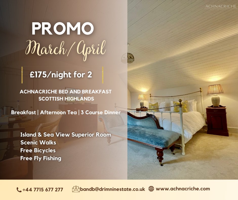 Special Offer
Treat Yourselves at Achnacriche B&amp;B

£175 per night for 2 people
Included
Superking/twin room (with Island and sea view superior room)
Breakfast - Afternoon Tea - 3 Course Dinner

bandb@drimninestate.co.uk or 07715 677277
Check out website achnacriche.com