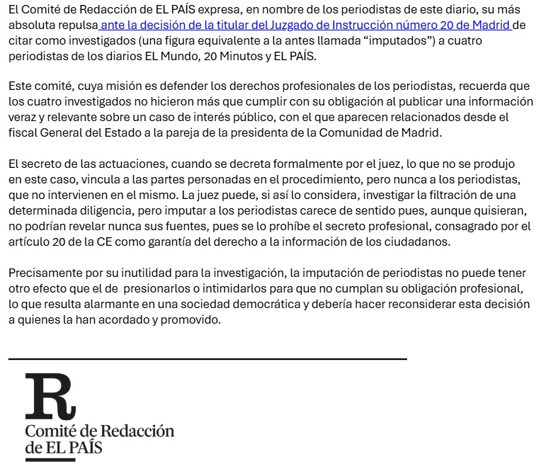 Trasladamos el comunicado del Comité de Redacción de <a href="/el_pais/">EL PAÍS</a>, que reprueba la decisión de una juez de imputar a 4 periodistas de <a href="/el_pais/">EL PAÍS</a> <a href="/elmundoes/">EL MUNDO</a> y <a href="/20m/">20minutos.es</a> por publicar "una información veraz y relevante sobre un caso de interés público" en el cumplimiento de sus obligaciones