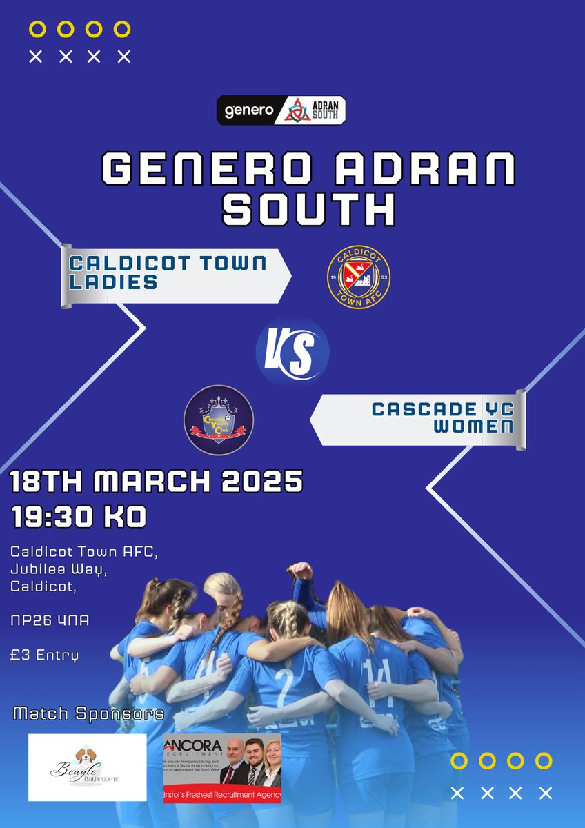 Caldicot Town Ladies (@caldicotladyfc) on Twitter photo 🚨 Midweek Fixture🚨
This evening we host <a href="/CascadeLadies/">Cascade YC Ladies</a> in the <a href="/AdranLeagues/">Genero Adran Leagues 🏴</a> South. Get down to Jubilee Way to support the girls.
🏟️Caldicot Town AFC
🕢 19:30 KO
🎟️ £3 Entry
#UppaTown 🔵 🚨 Midweek Fixture🚨
This evening we host <a href="/CascadeLadies/">Cascade YC Ladies</a> in the <a href="/AdranLeagues/">Genero Adran Leagues 🏴</a> South. Get down to Jubilee Way to support the girls.
🏟️Caldicot Town AFC
🕢 19:30 KO
🎟️ £3 Entry
#UppaTown 🔵