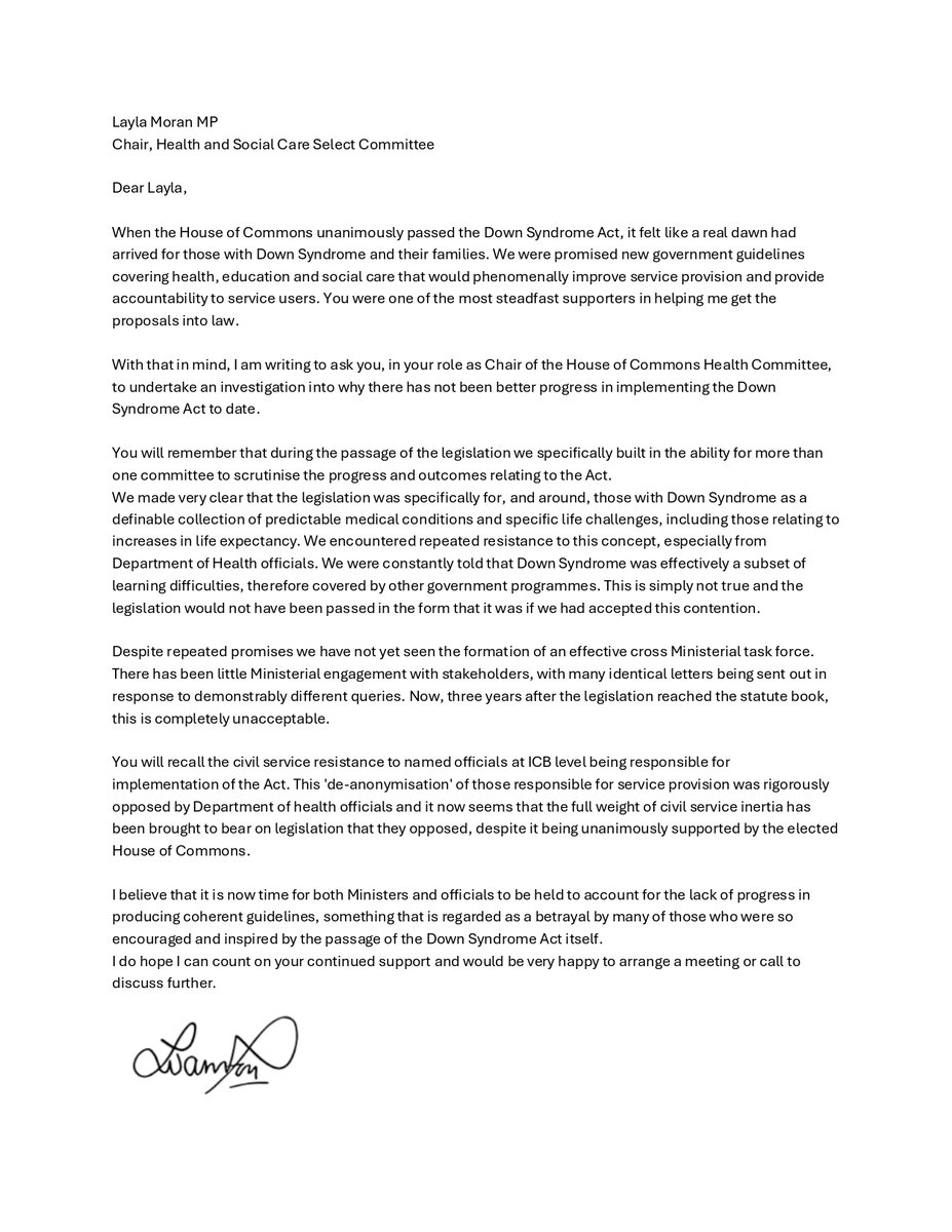 My letter to Layla Moran MP on the need for continued scrutiny of Ministers on the support the Government provides for those with Down Syndrome.

Read below 👇