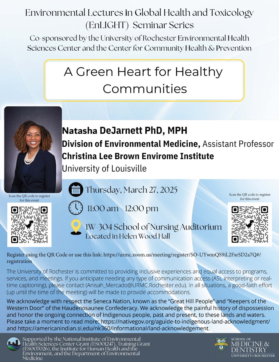 UR Institute for Human Health and the Environment (@ur_ihhe) on Twitter photo Join us on Thursday 3/27 for a seminar presented by Dr. Natasha DeJarnett from the <a href="/uofl/">University of Louisville</a>. 📢
"A Green Heart for Healthy Communities"
Dr. DeJarnett will discuss how increasing access to green spaces can reduce the negative health impacts of climate change.
#climatechange Join us on Thursday 3/27 for a seminar presented by Dr. Natasha DeJarnett from the <a href="/uofl/">University of Louisville</a>. 📢
"A Green Heart for Healthy Communities"
Dr. DeJarnett will discuss how increasing access to green spaces can reduce the negative health impacts of climate change.
#climatechange