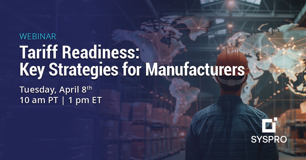 Ready to tackle rising #tariffs? 🌟 Join #SYSPRO expert Kevin Bell to learn strategies for efficiency, inventory control, and strategic sourcing. Optimize your business and stay competitive! 

📅 April 8, 2025
🕙 10:00 AM PT
🔗 hubs.ly/Q03bZ_Vr0

#Tariff #SupplyChain