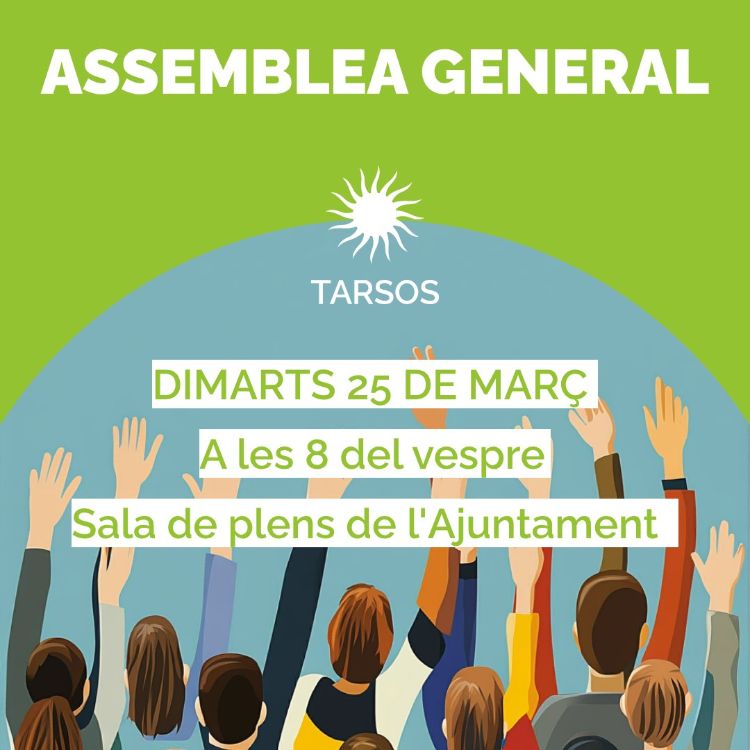 ASSEMBLEA GENERAL DE TARSOS – 2025
DIMARTS dia 25 de març de 2025.
HORA: 20:00 h.
LLOC: sala de plens de l’Ajuntament de Taradell.

Ordre del dia: tarsos.cat/2025/02/15/ass… 

<a href="/AjTaradell/">Ajuntament de Taradell</a> <a href="/rtaradell/">Ràdio Taradell</a> <a href="/Taradell/">Taradell.com</a> <a href="/osonaenergia/">OECOOP</a>