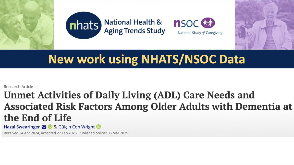 New work using #NHATS/#NSOC data by Drs. Hazal Swearinger &amp; Gulcin Con Wright in the Journal of Gerontological Social Work:

#Unmet Activities of Daily Living (#ADL) Care #Needs and Associated Risk Factors Among #OlderAdults with #Dementia at the #EndofLife

"This paper examined