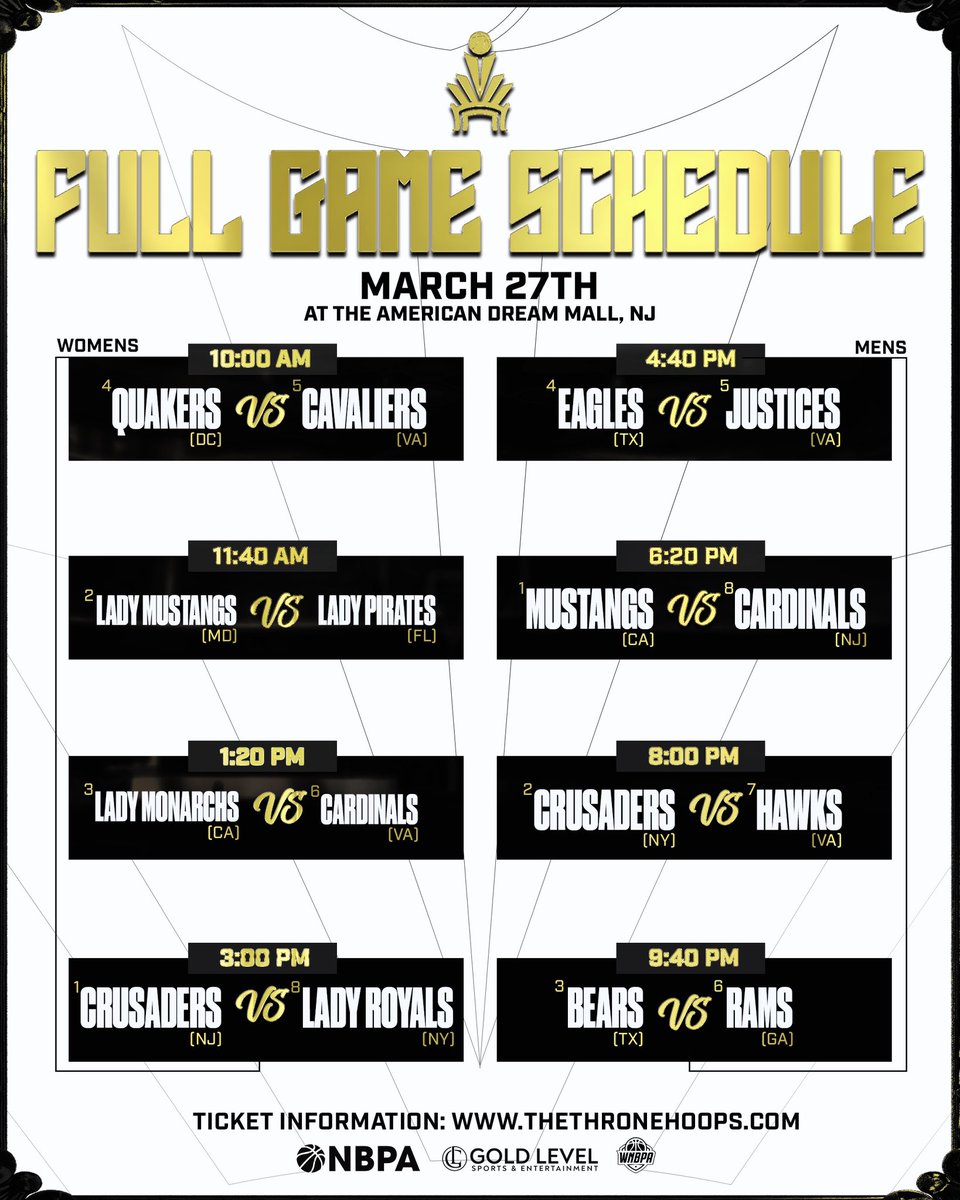 🚨 Schedule Update 🚨

⏳ New Tip-Off Times:
🔥 Cardinals vs. Mustangs – 6:20 PM
🔥 Rams vs. Bears – 9:40 PM

The stakes are high. Only ONE team leaves with the crown. 👑🏀

Be there—limited tickets left!
🎟️:TheThronehoops.com