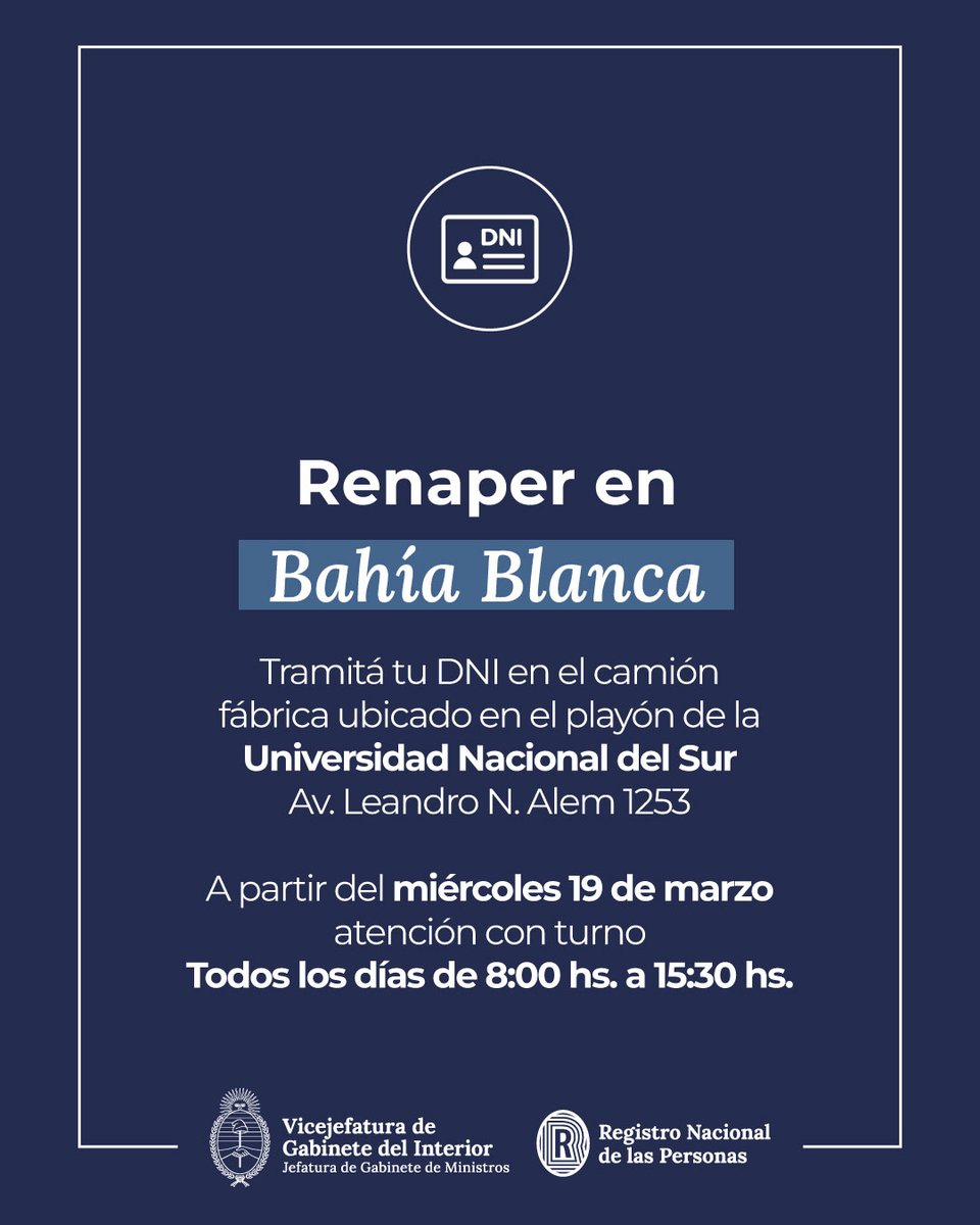 📌 DNI gratuito para los afectados por el temporal en Bahía Blanca

A partir del miércoles 19 de marzo, <a href="/renaper_ar/">RENAPER</a> dispondrá un puesto de documentación para que quienes perdieron su documento puedan tramitarlo sin costo.

📍 Ubicación: Av. Leandro N. Alem 1253, Playón de la