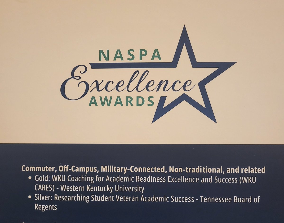 DrLeming's tweet image. This year's NASPA conference has been a busy time for the @CollegeSystemTN Student Success team. We received an Excellence Award for our veteran research and had an engaging session on the launch of the TBR CRED!