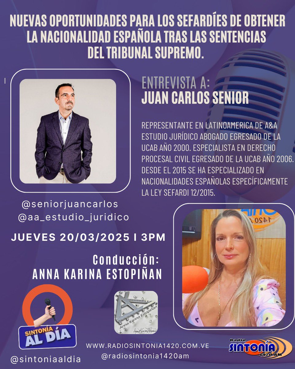Juancsenior's tweet photo. No se pierdan nuestra entrevista en el programa Sintonía Al Día por Radio Sintonía 1420 AM el jueves a las 3 pm. Tocaremos el tema de las Nuevas Oportunidades para los Sefardies de obtener la Nacionalidad Española tras las Sentencias del Tribunal Supremo de España. https://t.co/CVMQhxuVqG