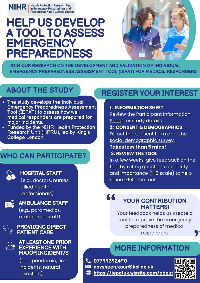 🚑 Healthcare professionals needed 🚑
Help validate an emergency preparedness tool. If you work in hospitals/EMS &amp; have major incident experience in the UK, we need you!

📌 Quick online participation
📩 More details in the flyer below

📢 RT &amp; share! #EmergencyPreparedness #NHS
