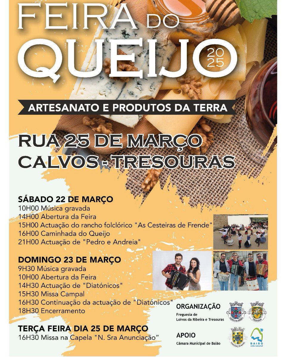 HanksThomas26's tweet image. Feira do Queijo regressa a Calvos e Tresouras nos dias 22, 23 e 25 de março

#baiao #valsousatv #sapo 
valsousatv.sapo.pt/2025/03/18/fei… 
Município de Baião
União das freguesias de Loivos da Ribeira e Tresouras