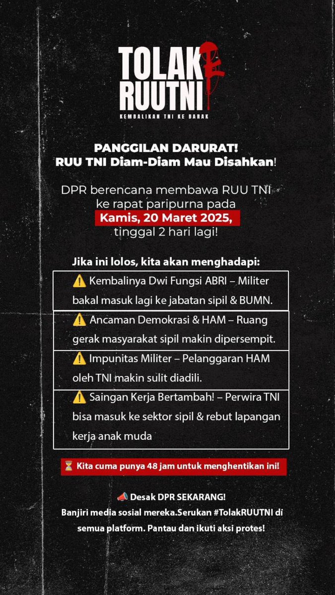 BANTU RT, LIKE DAN NAIKAN POST INI KE AKUN KALIAN 

Mengajak semua orang untuk mengawal ini, untuk kita, masa depan, anak dan cucu kita masa yang akan datang.

Mau kah kita sama2 berjuang lagi? Letsgo
Kita kawal #TolakRUUTNI