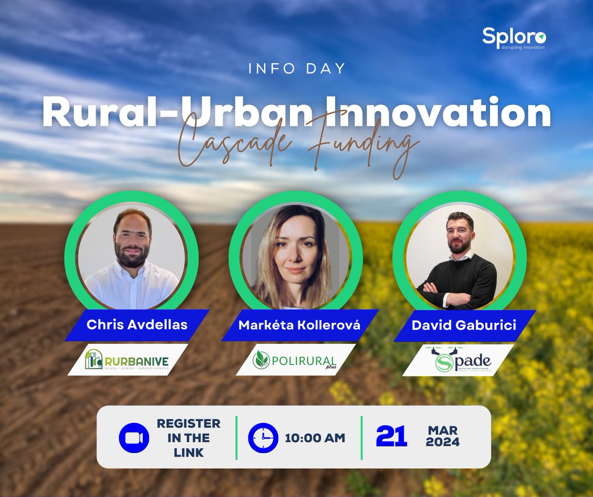 sploro_eu's tweet photo. 📣 Don’t miss Sploro Cascade Funding Webinar #19: Rural-Urban Innovation 🌱🏙️

🗓️ March 21 | 10 AM CET
💡 Funding for AI, sustainability &amp; drone solutions!
🎙️ @rurbanive @PoliRuralPlus @Spade_EUproject 
👉 Register: https://t.co/HYPeNdqYZ4 https://t.co/r1AyKKnbqL