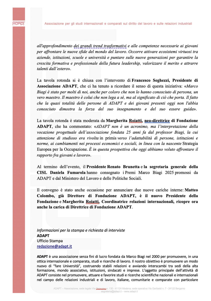 Congratulazioni a @Colombo_Mat e <a href="/MargheRoi/">Margherita Roiatti</a> rispettivamente neo Presidente e neo Direttrice di Fondazione ADAPT. Qui info sugli <a href="/ADAPTpeople/">ADAPT PEOPLE</a> adapt.it/persone/