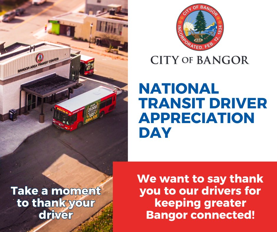 CityofBangorME's tweet photo. #heybangor Today is National Transit Driver Appreciation Day! The City of Bangor thanks all of our bus and ADA transit drivers! The Community Connector is able to service the greater Bangor area thanks to the dedication and hard work of our drivers. https://t.co/e7LOIsfrWy