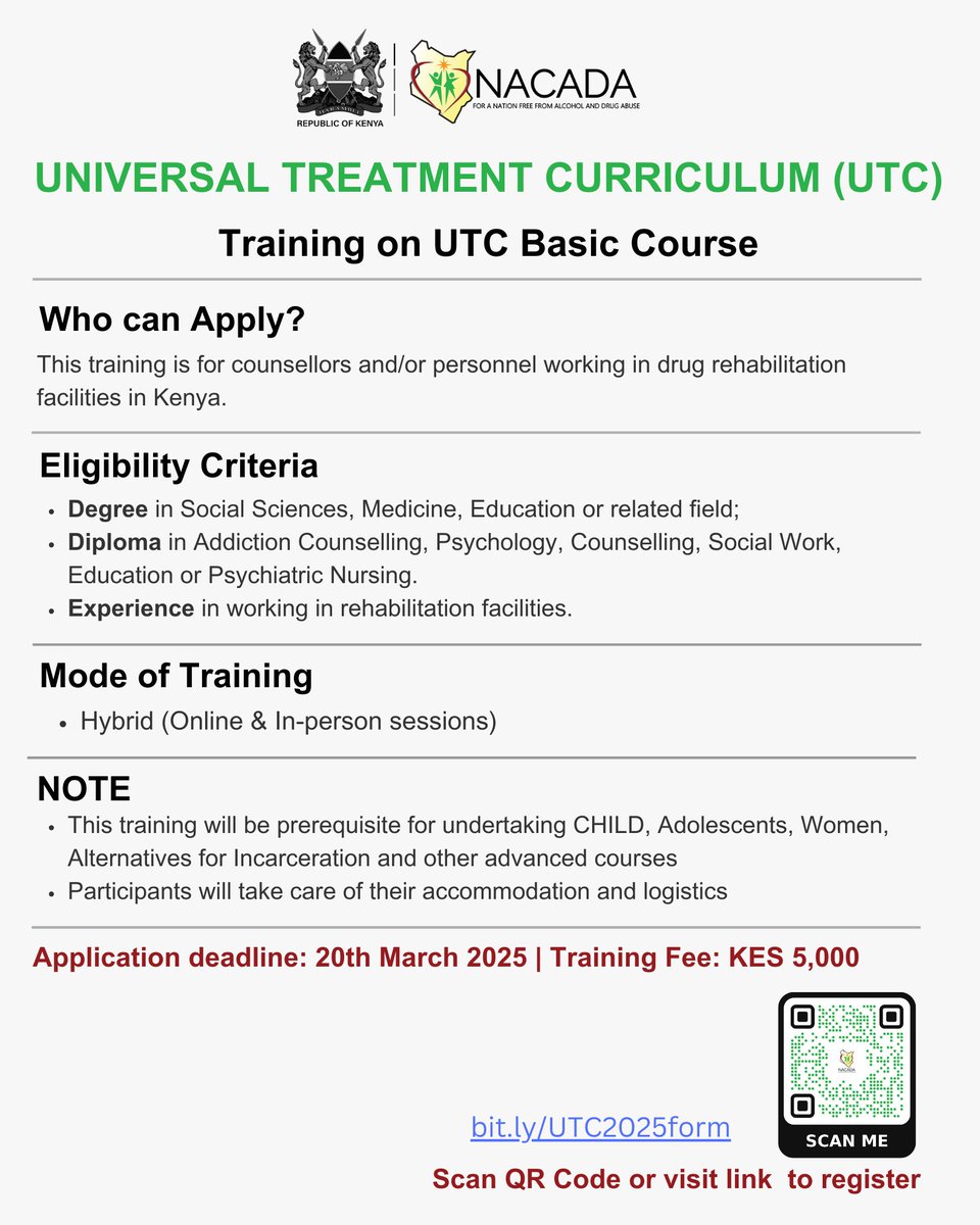 NACADAKenya's tweet image. Learn, Support, Heal: Join Our Drug Treatment &amp;amp; Recovery Course

Addiction affects all of us. Learn how you can support recovery and build healthier communities

What You’ll Learn:
⭐️Discover how addiction impacts individuals, families, and communities.
⭐️Explore evidence-based…