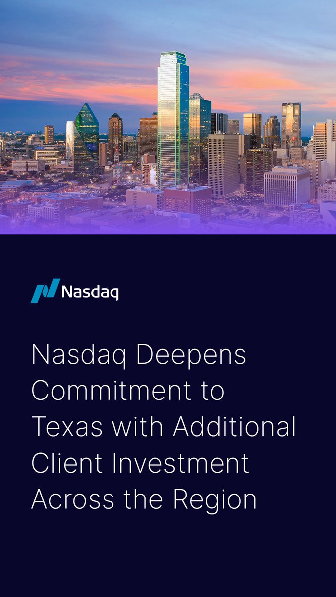 <a href="/Nasdaq/">Nasdaq</a> is deepening our commitment to Texas. 
📍We're establishing a new regional headquarters in Dallas, serving Texas &amp; the Southeast U.S region. 

Nasdaq generates over $750M in revenues in the Southeast U.S, partnering with 2,000+ clients and home to 200+ listed companies in