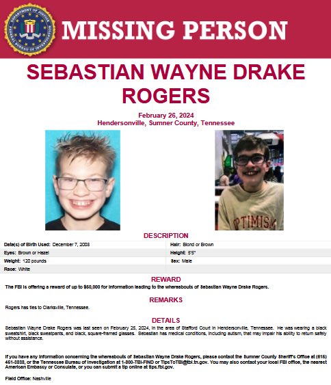 jayis4justice's tweet photo. Sebastian Rogers went missing from his home in Hendersonville, TN on Feb 25, 2024. He is still missing! TIPS: 1-800-TBI-FIND #SebastianRogers #missing #tennessee #fbi #tbi https://t.co/YNZRZTppgh