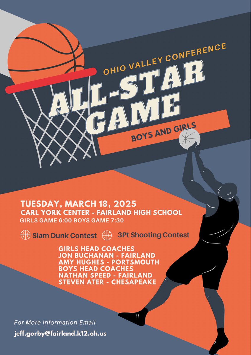 🏀 OVC All-Star Basketball Night! 🏀
The Ohio Valley Conference will host its annual All-Star Basketball Contest on Tuesday night at Fairland High School!

🕕 Girls Game – 6:00 PM
🕢 Boys Game – 7:30 PM
✨ Slam Dunk &amp; 3-Point Contests for both boys and girls!