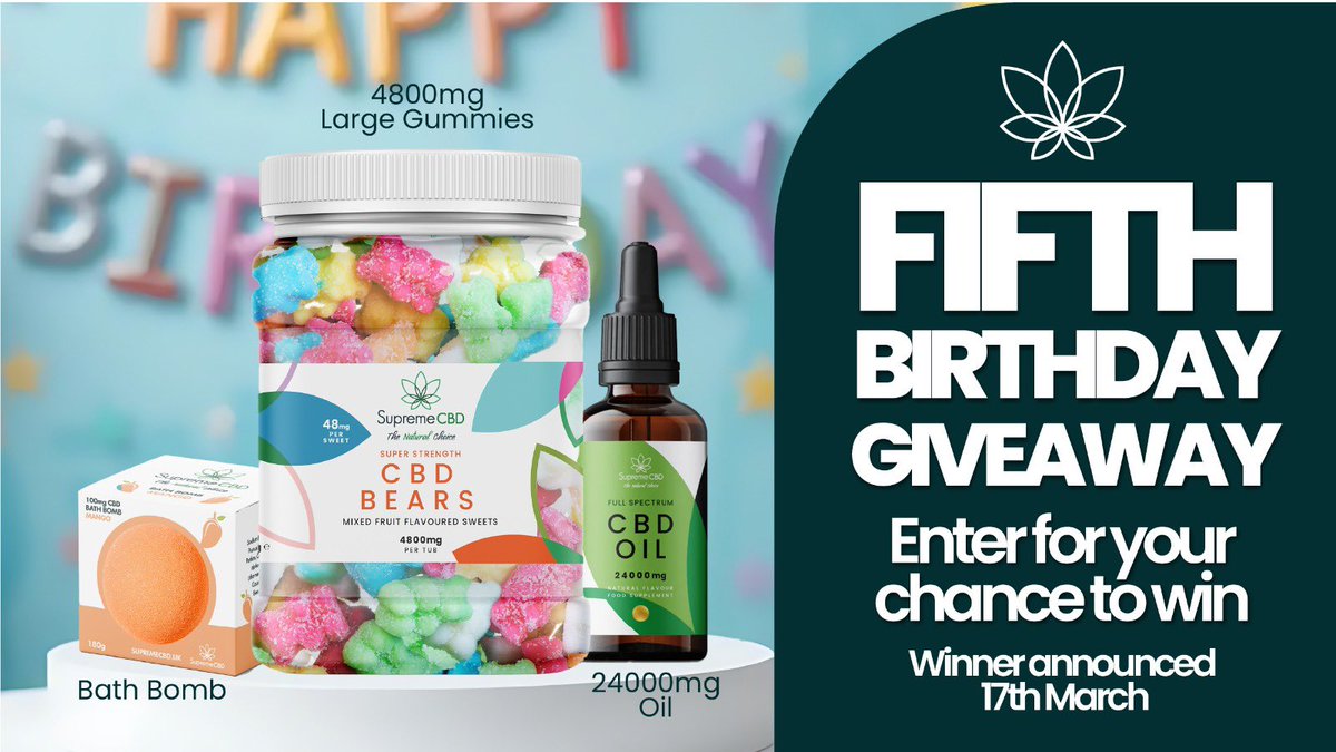 🎉 SUPREME CBD TURNS 5 – LET’S CELEBRATE WITH A HUGE GIVEAWAY! 🎉

It’s our 5th Birthday, and we’re giving back to YOU! 🎂💚

WIN our ultimate wellness bundle:
🎁 24000mg CBD Oil (our strongest yet!)
🍬 4800mg Gummies
🛁 CBD Bath Bomb – because you deserve to relax!

HOW TO