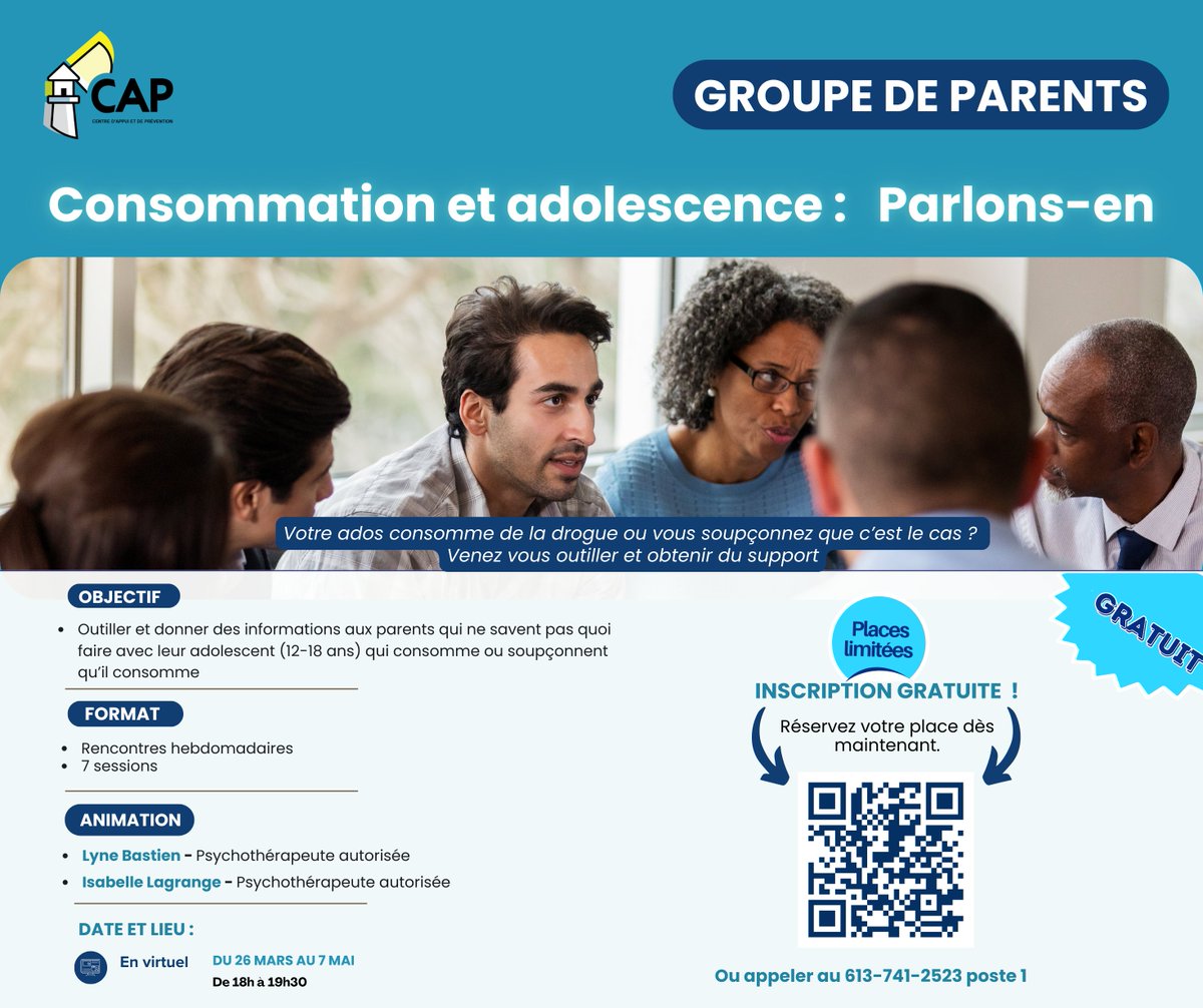 Parents d’adolescent.e.s, avez-vous des inquiétudes concernant la consommation de drogues chez votre ado ? 🤔
Rejoignez notre groupe de soutien en ligne "Consommation et Adolescence : Parlons-en !" 🎯
✅ Repérez les signes
✅ Apprenez à en parler sans jugement
✅ Obtenez des