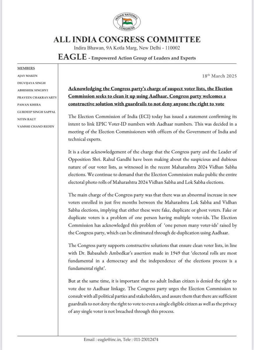 INCIndia's tweet image. &quot;Acknowledging the Congress party&apos;s charge of suspect voter lists, the Election Commission seeks to clean it up using Aadhaar. Congress party welcomes a constructive solution with guardrails to not deny anyone the right to vote.&quot;

The Election Commission of India (ECI) today has…