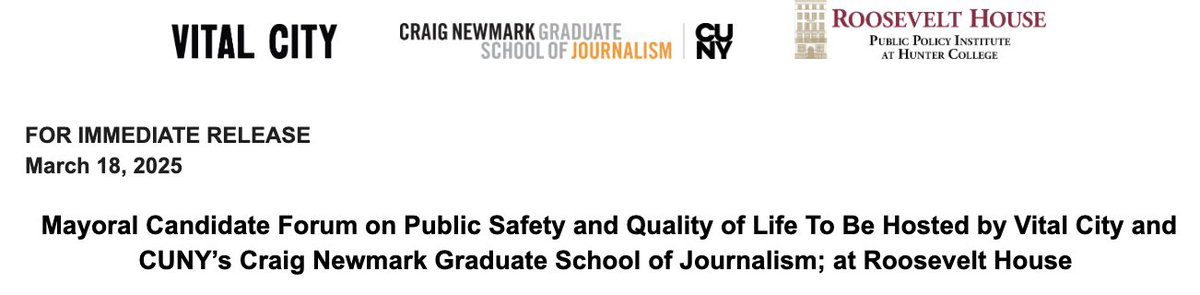 Some news! On Monday, April 7, Vital City and <a href="/newmarkjschool/">Newmark J-School</a> will host a mayoral candidate forum on crime and public safety at <a href="/Roosevelt_House/">Roosevelt House</a>. The great <a href="/errollouis/">Errol Louis (@errollouis.bsky.social)</a> will moderate, joined by <a href="/brigidbergin/">Brigid Bergin</a> and <a href="/ReuvenBlau/">reuvenblau.bsky.social</a>. It'll be live-streamed for all to see.