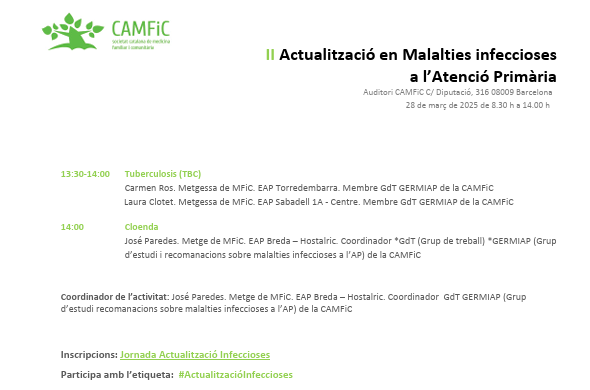 CAMFiC's tweet photo. 🔍Posa't al dia en malalties #infeccioses amb experts del GdT #Germiat a la jornada #ActualitzacióInfeccioses del 28 de març #infecciosesCAMFiC

✅Respiratòries
✅Emergents
✅Urinàries
✅Gastrointestinals
✅Transmissió sexual
✅I més

👉https://t.co/uHbDSjpCG8 https://t.co/D8JvGtPSd9