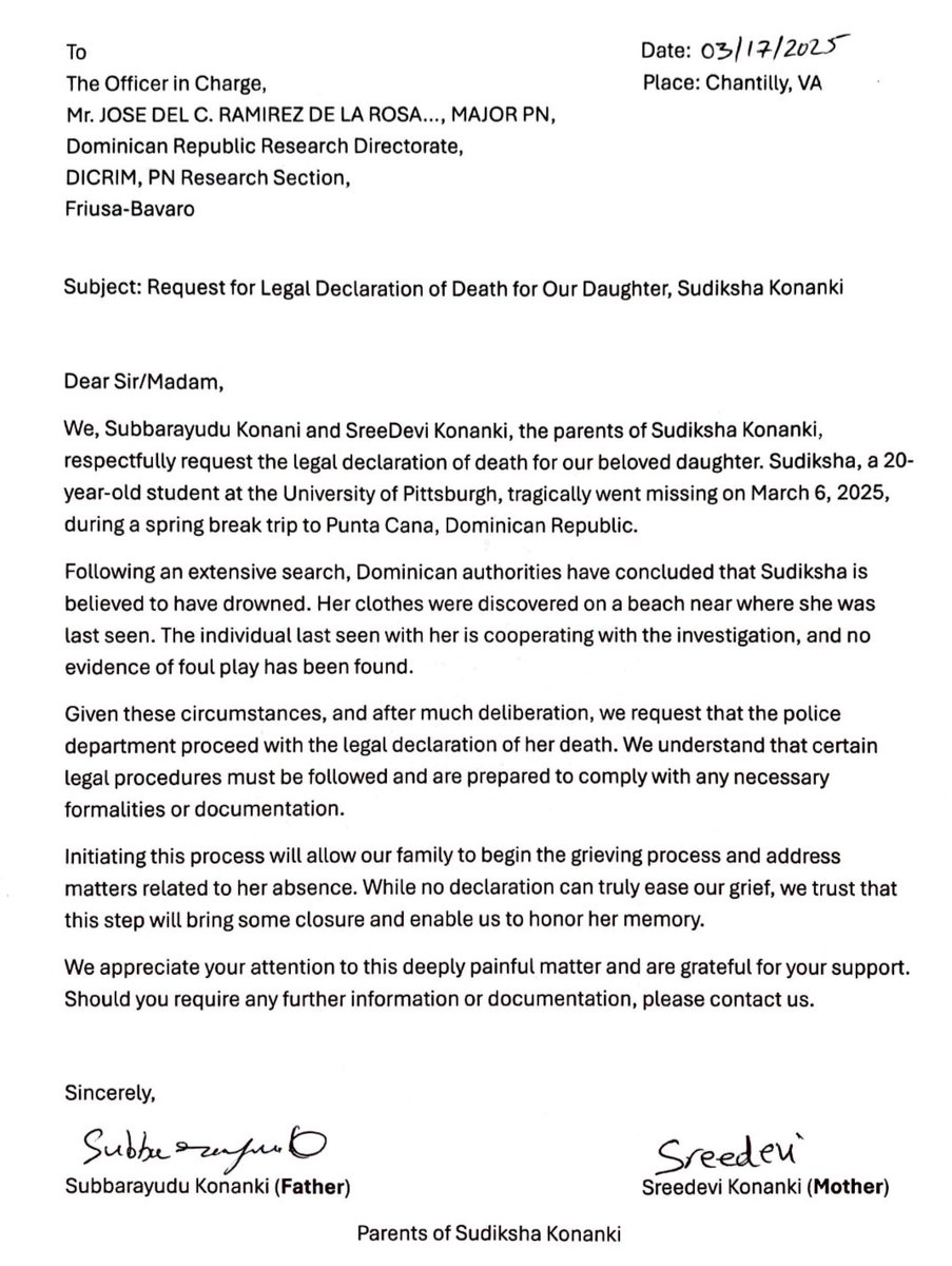 CoffindafferFBI's tweet image. #SudikshaKonanki 

Sudiksha's parents believe Sudiksha drowned.  

They have been in the Dominican Republic and thoroughly looked into this matter and scrutinized the police investigation. They have more at stake in this case than anyone. 

Tragic!

*Alcohol and swimming Never go…