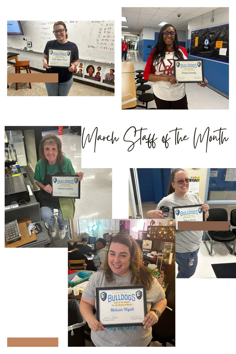GrandviewMiddle's tweet photo. Congrats to the March Staff of the Month!
Food Service &amp; Custodial Staff: Lynn Golden 
6th Grade: Kennya Canady
7th Grade: Melissa Wyatt 
8th Grade: Kaylee Kappler-Wilson 
Encore: Kaylan Bodenhamer 
Office &amp; Support Staff: Stacy Avery 
#FutureStrong #createfuture #pushboundaries https://t.co/gXTMO3iN8X