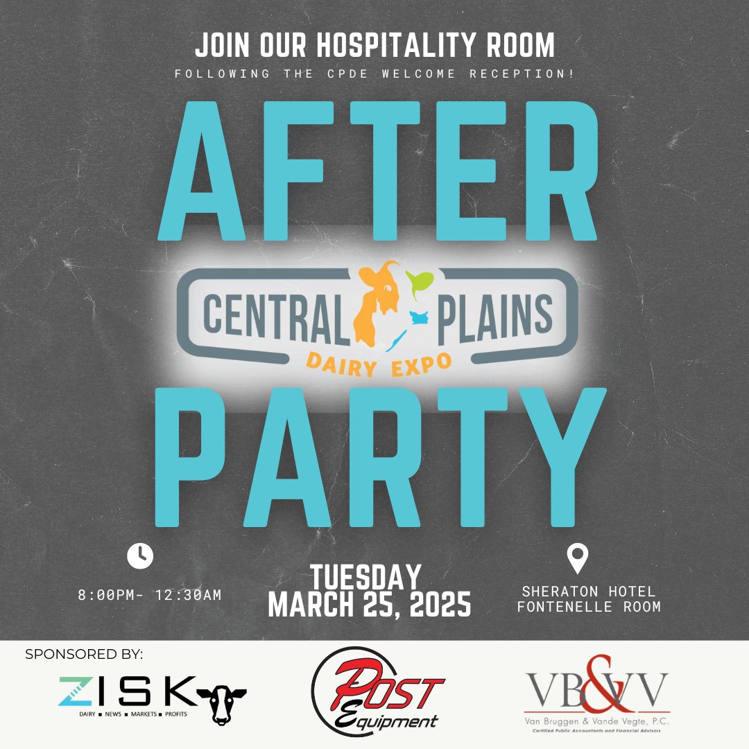 🎉 Join Us! Keep the celebrations going after the Central Plains Dairy Expo Welcome Reception at our Hospitality Room After Party!

📍 Sheraton Hotel, Fontenelle Room
⏰ 8:00 PM – 12:30 AM
❓ Networking, fun, and great conversations

We can’t wait to see you!