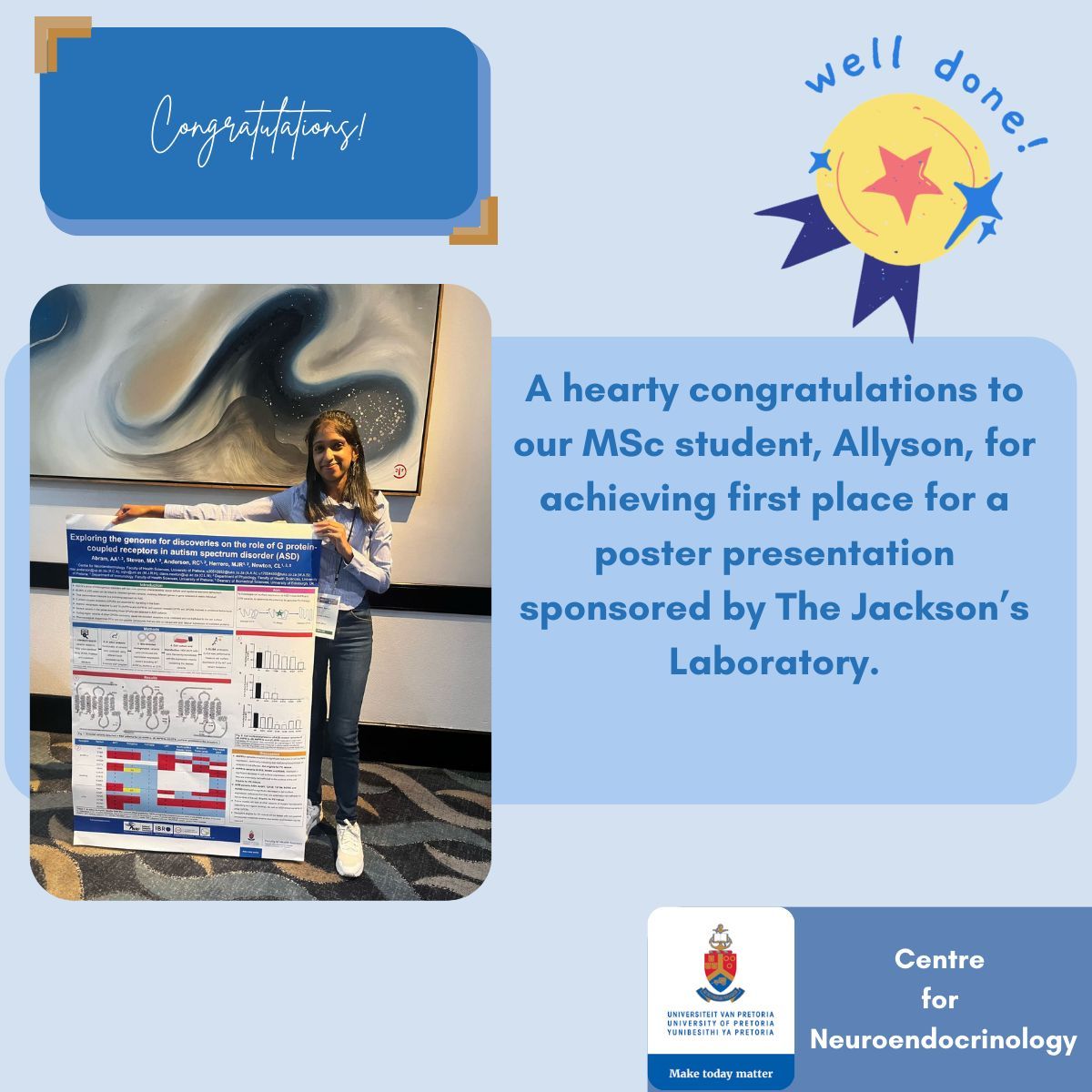UP_CNE's tweet photo. Valued CNE student Allyson won first place for the poster presentation sponsored by The Jackson’s Laboratory. This study investigated the effect that single nucleotide variants- associated with autism spectrum disorder have on the cell surface expression of vasopressin receptors. https://t.co/XvkAjLMT8B