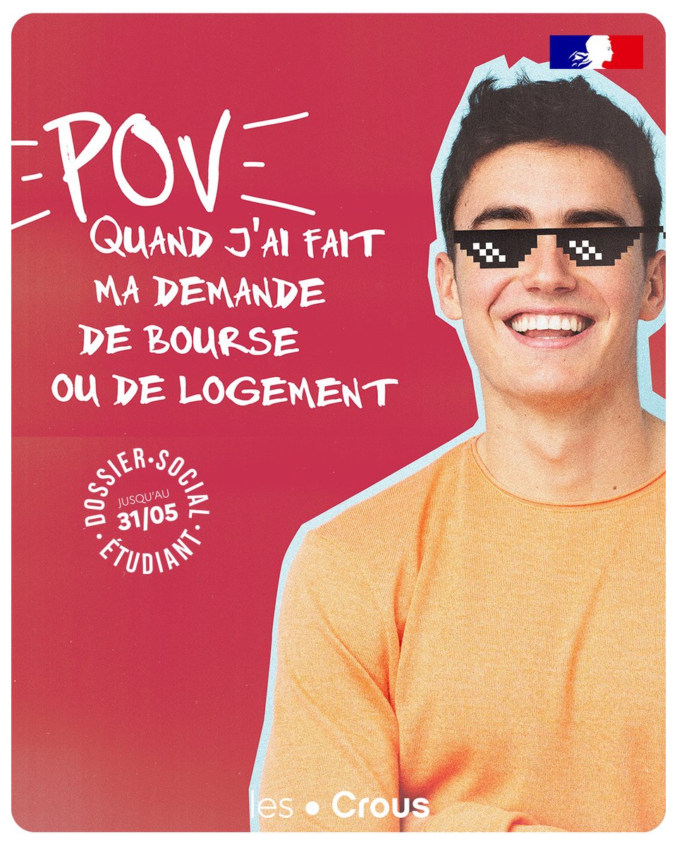 Quand j’ai fait ma demande de bourse ou de logement  😎

Constituez votre Dossier Social Étudiant pour votre demande de bourse et de logement ! ⌛️ Vous avez jusqu’au 31 mai 2025.

 👉 JeDemandeMaBourse.lesCrous.fr