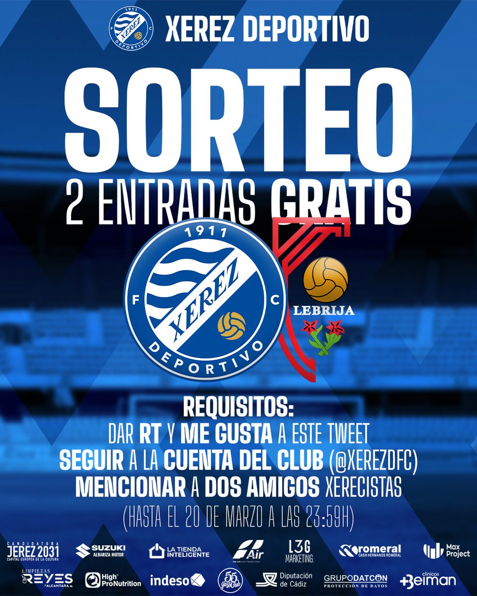 📢🙌 𝐒𝐎𝐑𝐓𝐄𝐎

🎟️ ¡Gana dos entradas para el #XerezAntoniano! 🎟️

🔹  Para participar:

- Dale like y RT a este tweet ❤️🔃
- Sigue a la cuenta del club <a href="/XerezDFC/">XEREZ DEPORTIVO</a> 📲
- Menciona a dos amigos xerecistas 🧑‍🤝‍🧑⬇️

ℹ️Sorteo exclusivo en X (Twitter) hasta el 20 de marzo a las 23:59