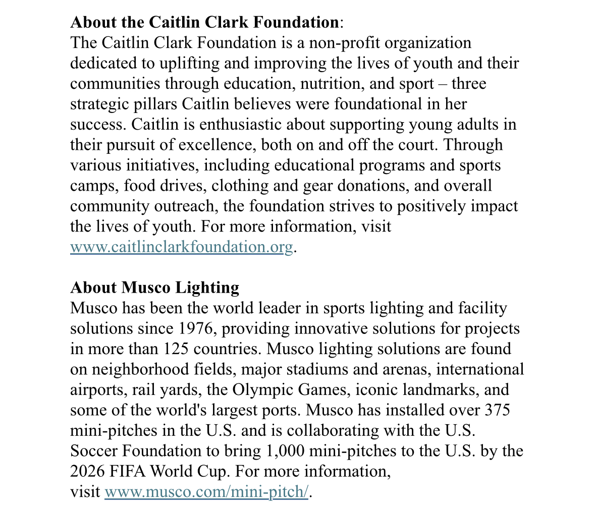 Another assist from Caitlin. 

The Caitlin Clark Foundation is teaming up with Musco Lighting to provide DMPS (Des Moines Public Schools) with four mini-pitch systems. The community courts can be used for soccer, futsal, and basketball. 

The courts will open later this year at