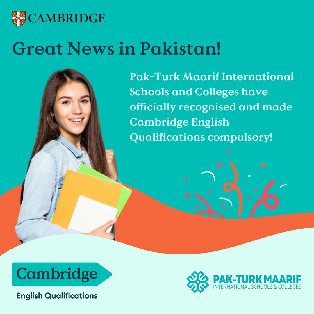 Cambridge English Middle East and Africa (@cambridgeengmea) on Twitter photo Pak-Turk Maarif International Schools and Colleges in Pakistan have officially recognised and made Cambridge English Qualifications (CEQs) compulsory!
<a href="/PakTurkMaarif/">Pak-Turk Maarif International Schools and Colleges</a> Pak-Turk Maarif International Schools and Colleges in Pakistan have officially recognised and made Cambridge English Qualifications (CEQs) compulsory!
<a href="/PakTurkMaarif/">Pak-Turk Maarif International Schools and Colleges</a>