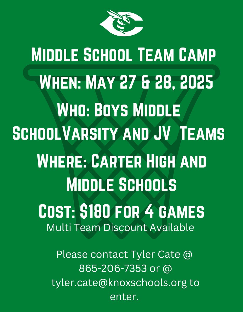 Middle School Teams, come join us at Carter for middle school team camp! We had over 30 teams last year over the 2 days! A great start to summer basketball. Please reach out for more information or with questions!