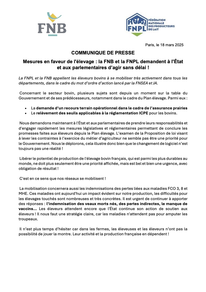 Communiqué de presse commun <a href="/EleveursBovins/">FNB</a> - <a href="/FNPLait/">FNPL</a>  Mesures en faveur de l'élevage : la FNB et la FNPL demandent à l'État et aux parlementaires d’agir sans délai !