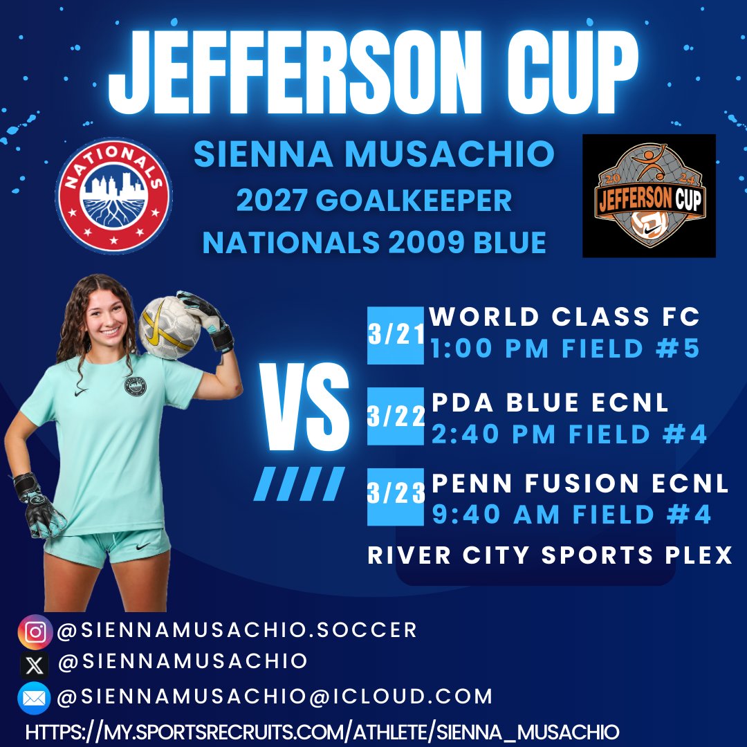 Sienna Musachio (@siennamusachio) on Twitter photo So excited to head down to Virginia this weekend for Jefferson Cup!
<a href="/NationalsGA/">Nationals Girls Academy</a> <a href="/09NationalsBlue/">Nationals 09 Blue ECNL</a> <a href="/TheSoccerWire/">SoccerWire</a> <a href="/ImYouthSoccer/">ECNL/GA/Recruiting/College Soccer</a> So excited to head down to Virginia this weekend for Jefferson Cup!
<a href="/NationalsGA/">Nationals Girls Academy</a> <a href="/09NationalsBlue/">Nationals 09 Blue ECNL</a> <a href="/TheSoccerWire/">SoccerWire</a> <a href="/ImYouthSoccer/">ECNL/GA/Recruiting/College Soccer</a>