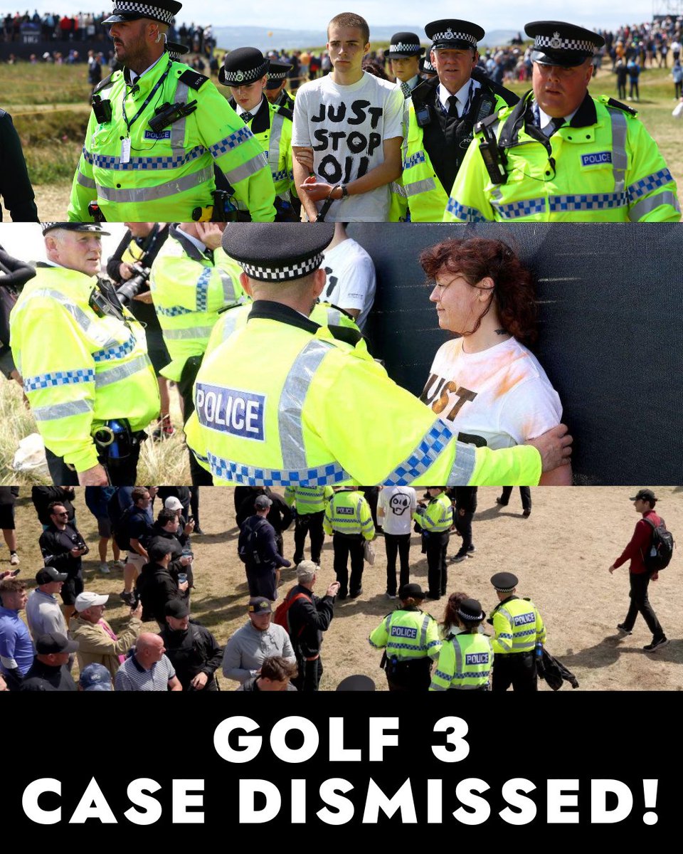 JustStop_Oil's tweet photo. 🚨 BREAKING: CASE DISMISSED FOR GOLF DISRUPTION  

⚖️ George, Noah and Lucy had their case thrown out of Liverpool Crown Court after the Judge ruled the disruption was too short to be considered a public nuisance.  

💸 Support people in court: https://t.co/RHseBF2ZRN https://t.co/lVOVZJeW1a
