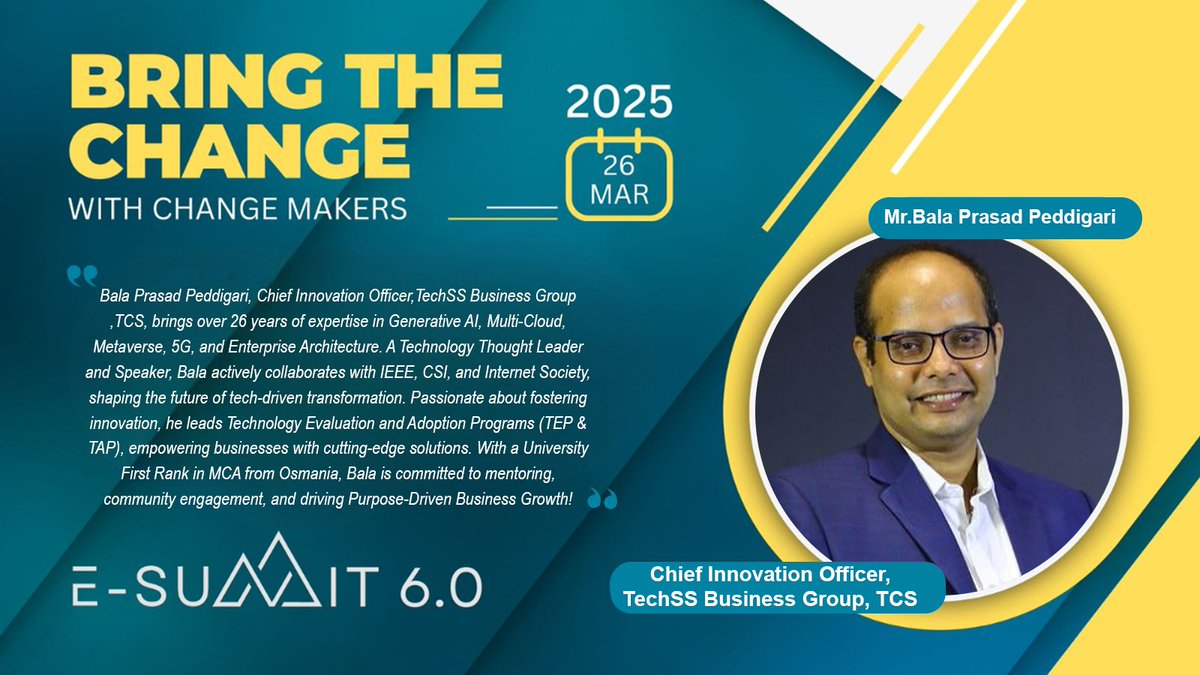 sumvn4's tweet photo. 🚀 Excited to have Mr. Bala Prasad Peddigari,Chief Innovation Officer at TechSS Business Group, TCS, at E-Summit 6.0!
Join us on March 26, 2025to #BringTheChange and explore groundbreaking innovations!  
#ESummit6 #Innovation #AI #Metaverse #5G #TechLeadership #TCS #FutureOfTech https://t.co/Nz3kpgQ2ms