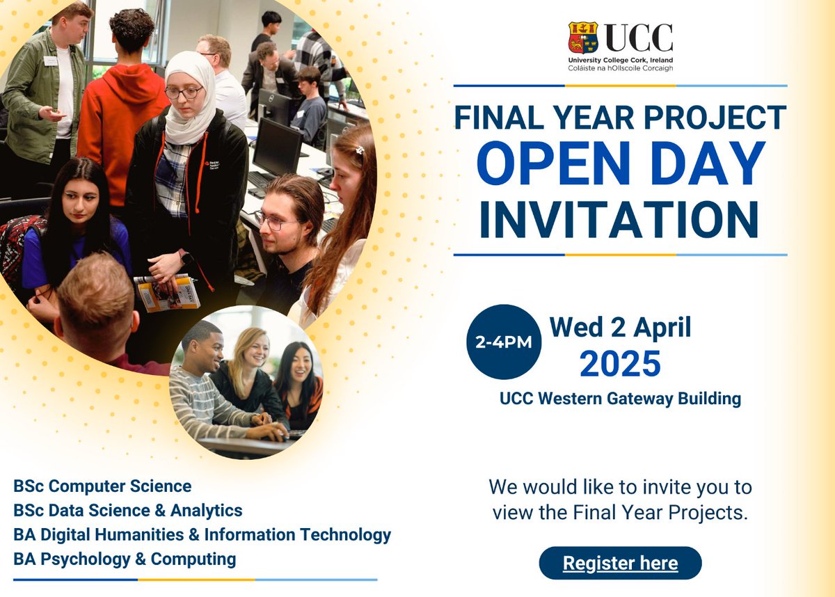 Tech Industry Alliance (@tech_in_all) on Twitter photo Join UCC's School of Computer Science & Information Technology on April 2nd at 14:00 for the Final Year Project Open Day. 
Attendees will have the opportunity to explore student projects and engage in discussions about their work.
Register 👉forms.office.com/pages/response… Join UCC's School of Computer Science & Information Technology on April 2nd at 14:00 for the Final Year Project Open Day. 
Attendees will have the opportunity to explore student projects and engage in discussions about their work.
Register 👉forms.office.com/pages/response…