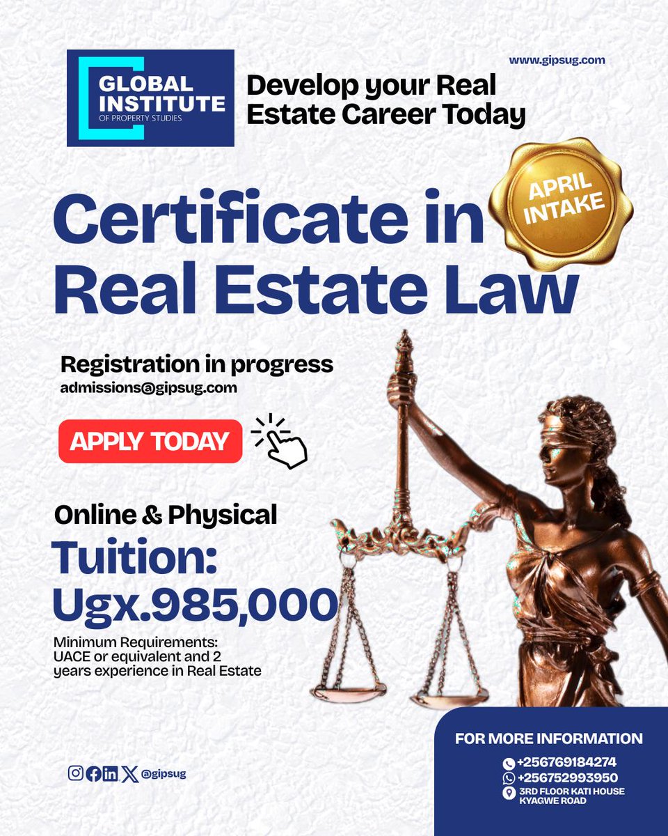 Real estate agents, elevate your career through gaining essential knowledge of Uganda’s real estate laws. Build a solid understanding of property rights, contracts, regulations, and land use rights.

Invest in knowledge.
gipsug.com/real-estate-law