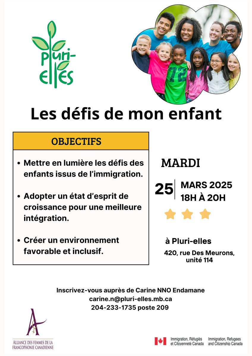 Chers parents, Pluri-elles vous propose un atelier sans frais intitulé Les défis de mon enfant.

Nous vous attendons le mardi 25 mars de 18h à 20h dans les locaux de Pluri-elles. Inscription auprès de Carine ▶︎ carine.n@pluri-elles.mb.ca ou au 204 233-1735 poste 209.