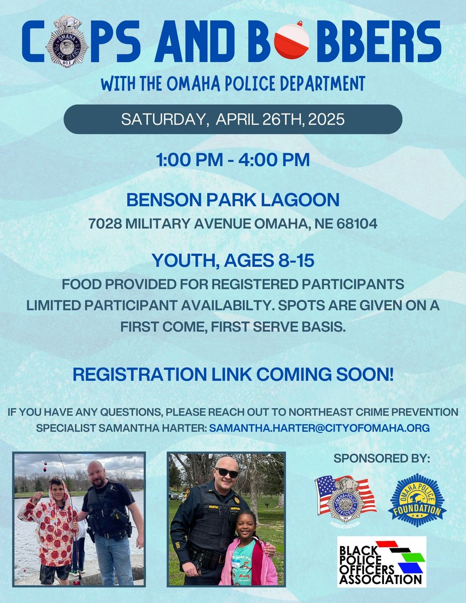 OPDSamantha's tweet photo. The #OPD Northeast Precinct is very excited to announce the date for our annual Cops and Bobbers event! Please mark you calendars for Saturday, April 26th! We are looking for volunteers. If you are interested, please email me! Look for the event registration link coming soon! https://t.co/2C3pHzI6Ae