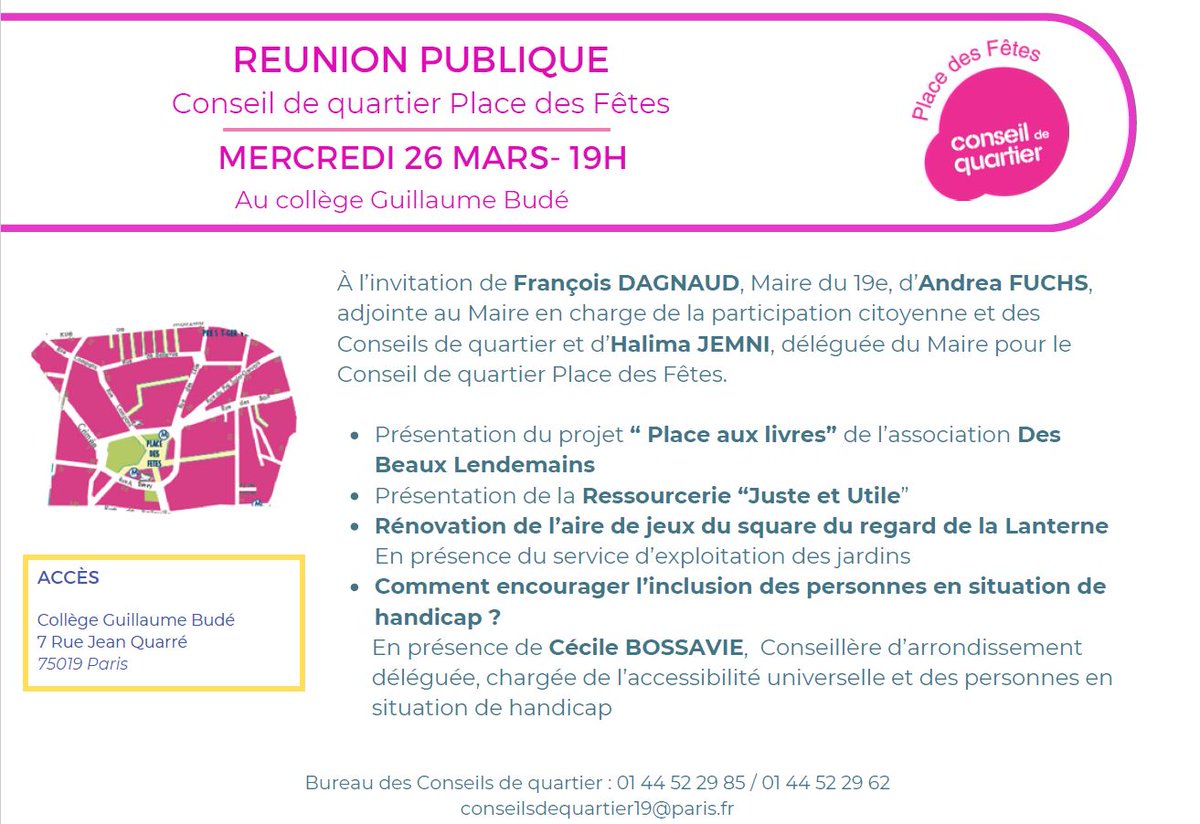 monquartier19's tweet image. SAVE THE DATE 🗓
Rendez-vous mercredi 26 mars pour la réunion publique du conseil de quartier Place des Fêtes, au Collège Guillaume Budé (19h) 📍
Découvrez les structures du territoire et participez aux échanges autour du sujet du handicap et de l'inclusion
#ConseilDeQuartier