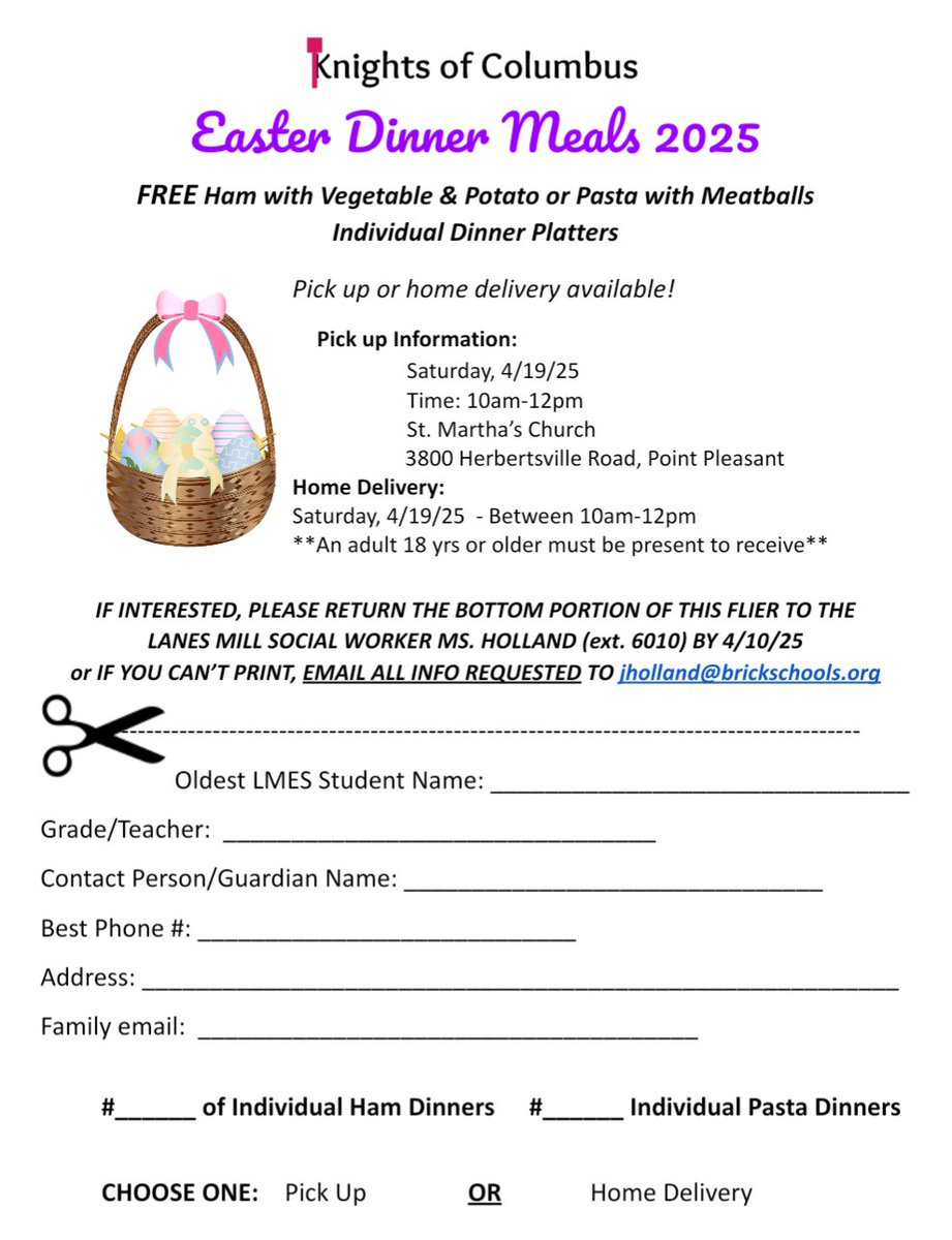 If your family is in need, St. Martha's Knights of Columbus are offering FREE individually plated Easter Meals 🐣🧺🌷🐇 Please see the information attached and provide ALL information requested to Ms. Holland by 4/10/25. Thanks!🤗 
<a href="/LMESColts/">LMESColts</a> <a href="/LMES_Principal/">Ms. Bayles</a> <a href="/LanesPta/">Lanes Mill PTA</a>