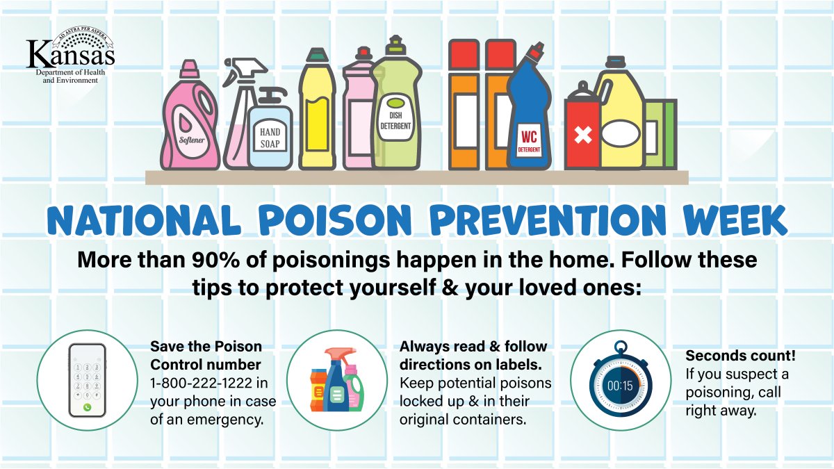 Did you know most poisonings happen in the home?
✔ Save the Poison Control number, 800-222-1222, in your phone.
✔ Read &amp; follow directions on labels. Keep potential poisons locked up &amp; stored in their original containers.
✔ If you suspect a poisoning, call right away.